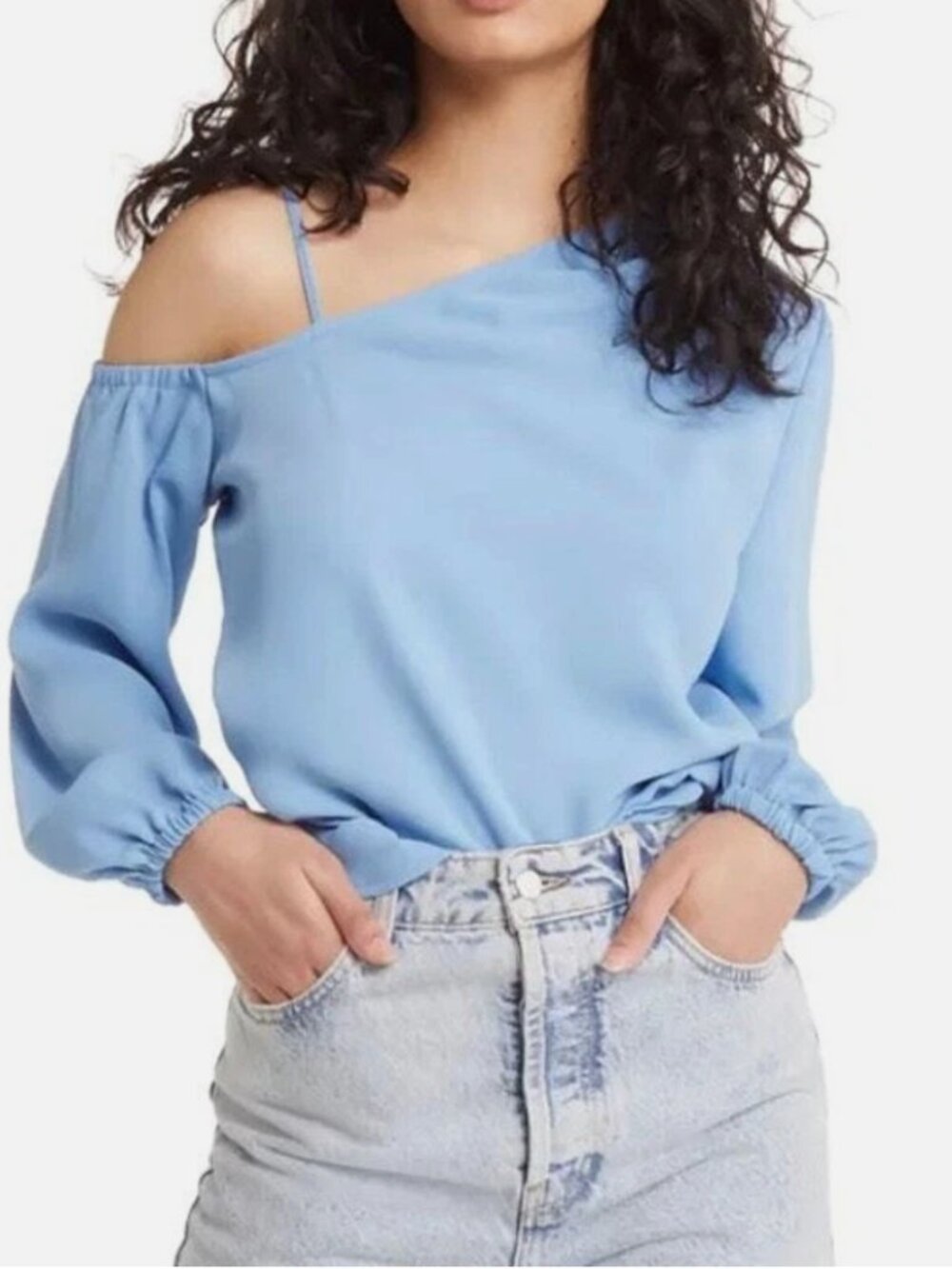 Open Edit One Shoulder Drape Asymmetric Neck Top Blue Size S